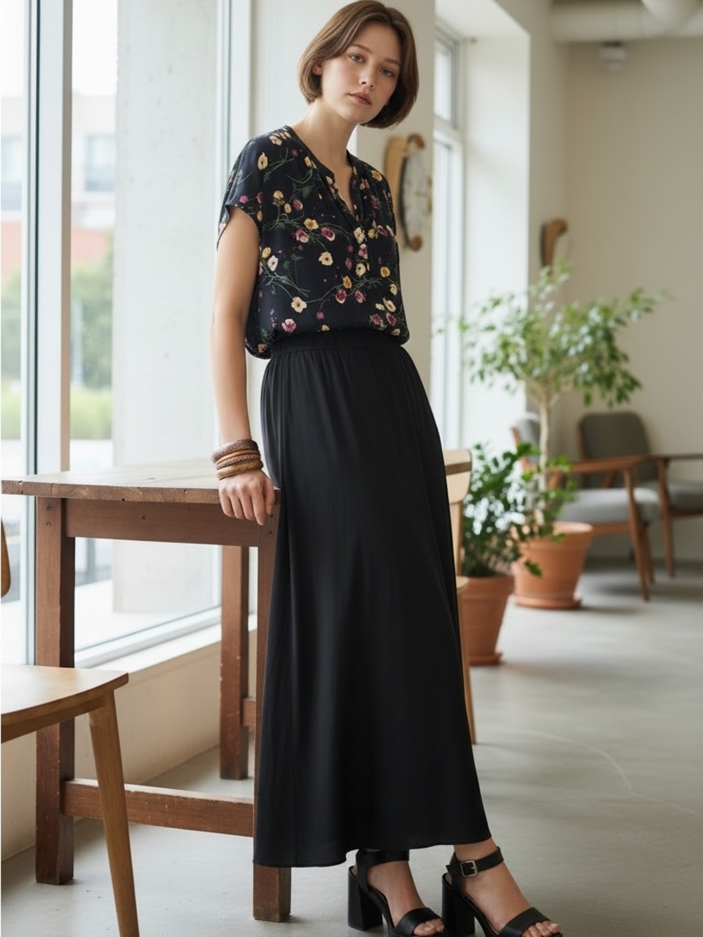 Amour Vert Black Floral Split-Neck Blouse with Pink & Cream Blooms